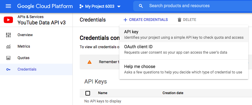 Create Youtube API key