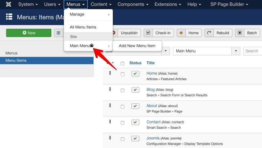 Navigating to Joomla Main Menu option.