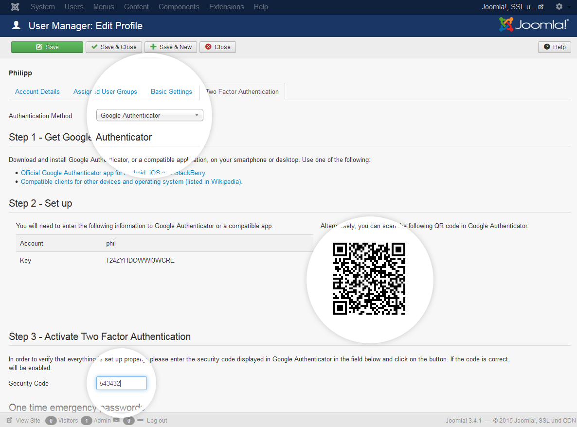Joomla Activating Two Factor Authentication