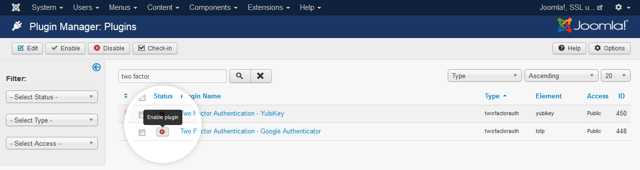 Enabling the Plugin Two Factor Authentication on Joomla