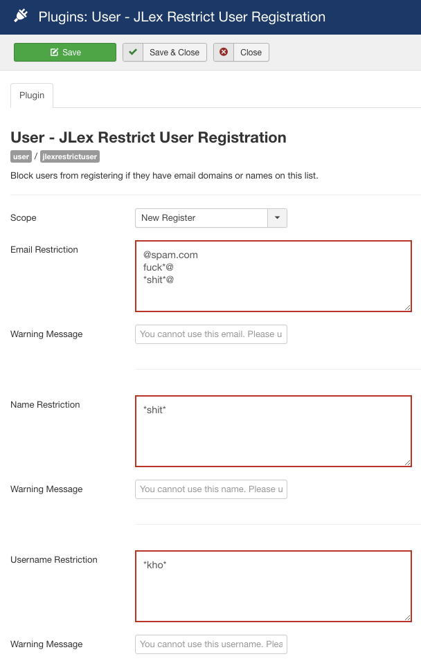 JLex Restrict User Registration