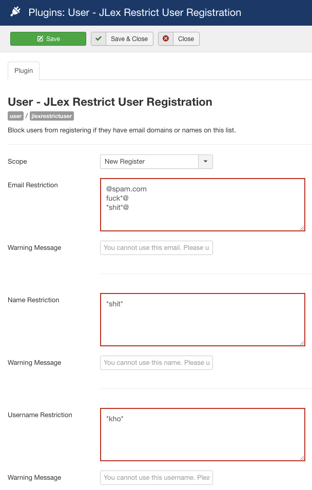 JLex Restrict User Registration JLex Restrict User Registration