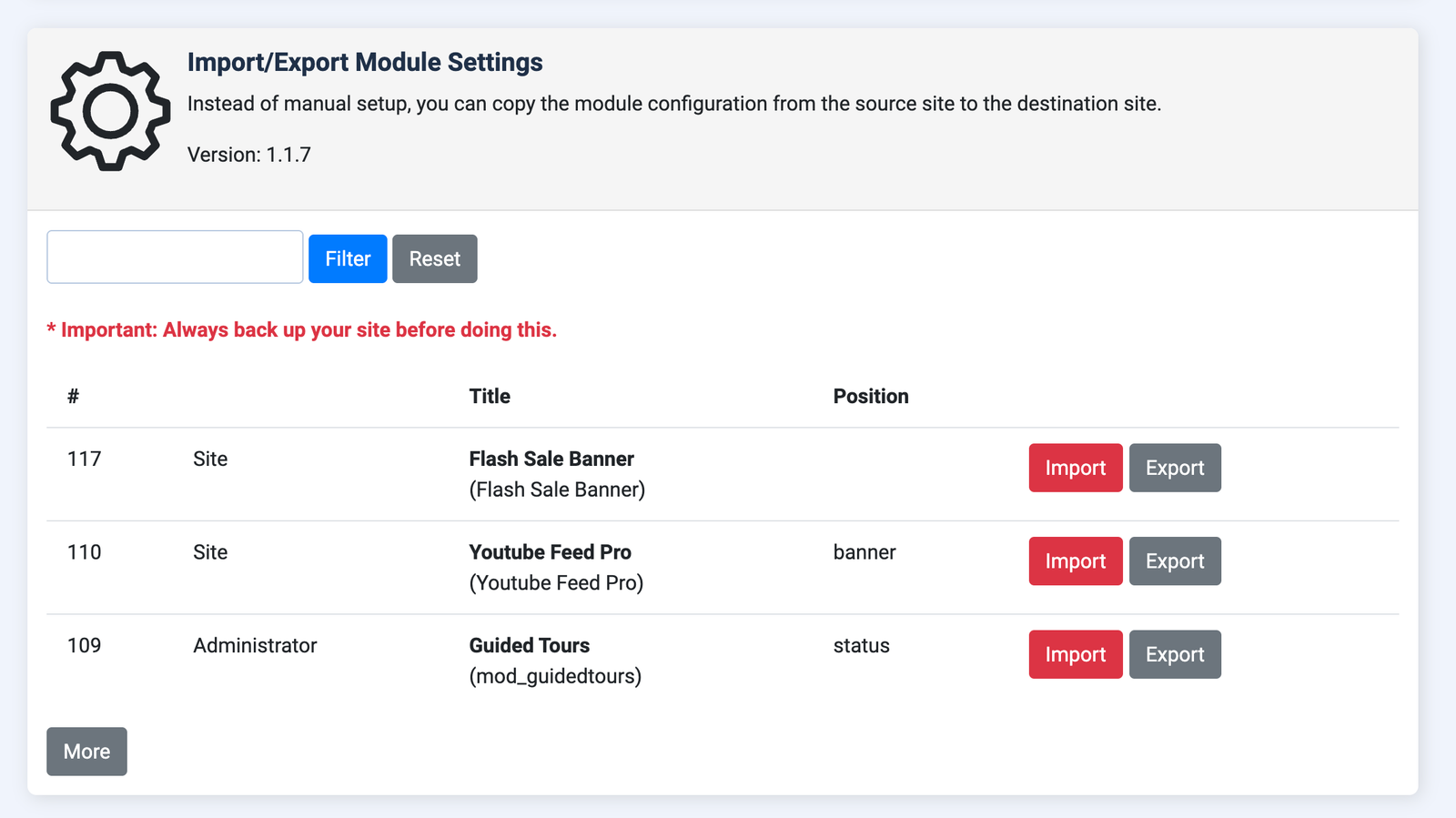 jlextransfer import-export module configuration